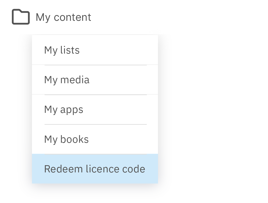 Screenshot from Edupool showing a dropdown menu with a link to redeem licence codes